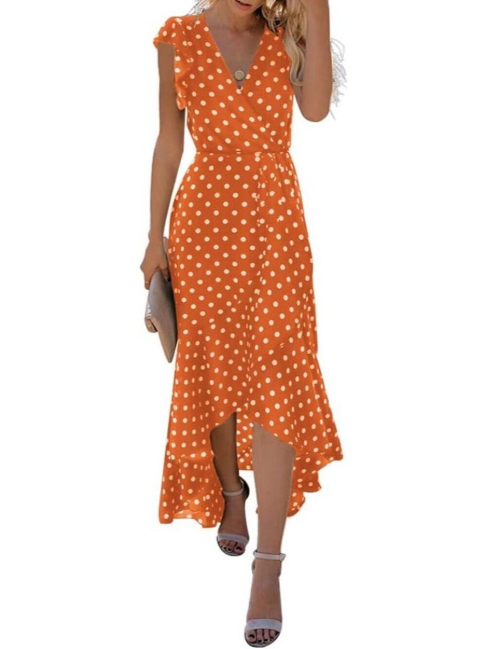 Women's Polka Dots Orange V Neck Casual Tie Short Sleeve Pull On Maxi Dresses